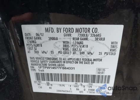 2007 Ford F-150 Fx4/Lariat/Xlt from USA, damaged, VIN 1FTPW14577FB64331